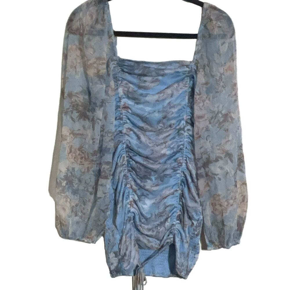 O.VIANCA Blue Floral Ruched Square Neck Long Sleeve Mini Dress S